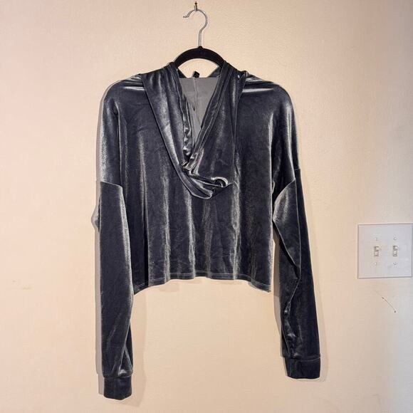 Forever 21 Gray Velvet Cropped Hoodie - Size S - Soft Luxe Pullover Sweatshirt - Picture 3 of 7